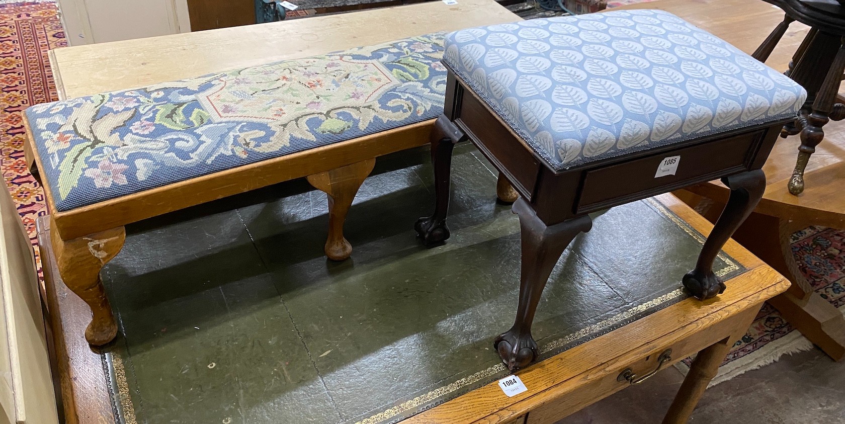 A 1920's mahogany box seat piano stool, 49cm, and an oak and beech foot stool, 97cm